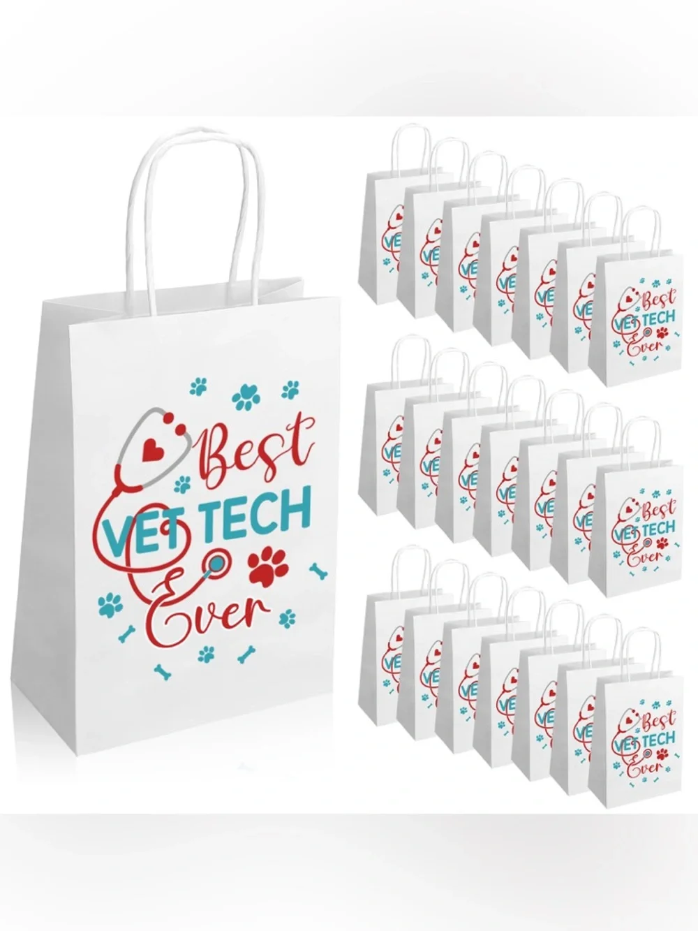 Best Vet Tech Ever Gift Bags - White with Red & Teal Design